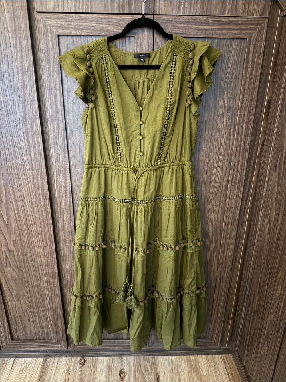 J. Crew Olive Green Tiered Midi Dress with Tassel Tie